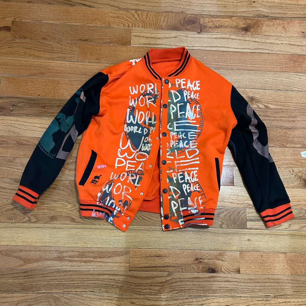 Orange and Black Graphic Varsity Jacket